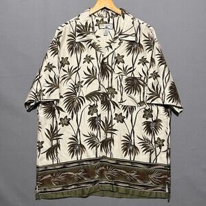 Caribbean Joe Mens Large Palm Tree Floral Rayon Camp Shirt Tan Green Brown